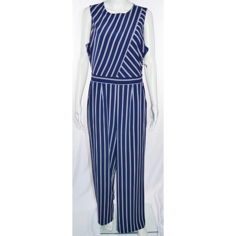 Tahari Sleeveless Jumpsuit Striped Blue/White Size 10